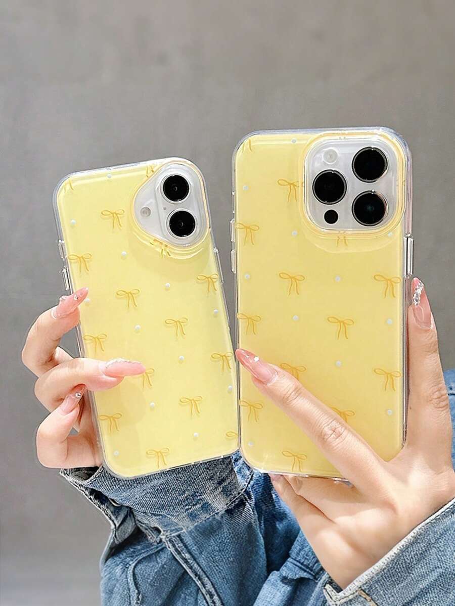 Bowknot Pearl Phone Case, Yellow Transparent Shock-Proof Protective Cover, Suitable For IPhone 17/16/15/14/13 Pro Max - Yellow - View 1