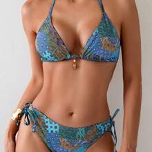 Bikini Set With Vintage Floral Print, Strapless Triangle Top And Lined Briefs, Two-Piece Set In Pink - Red Stamp - View 4