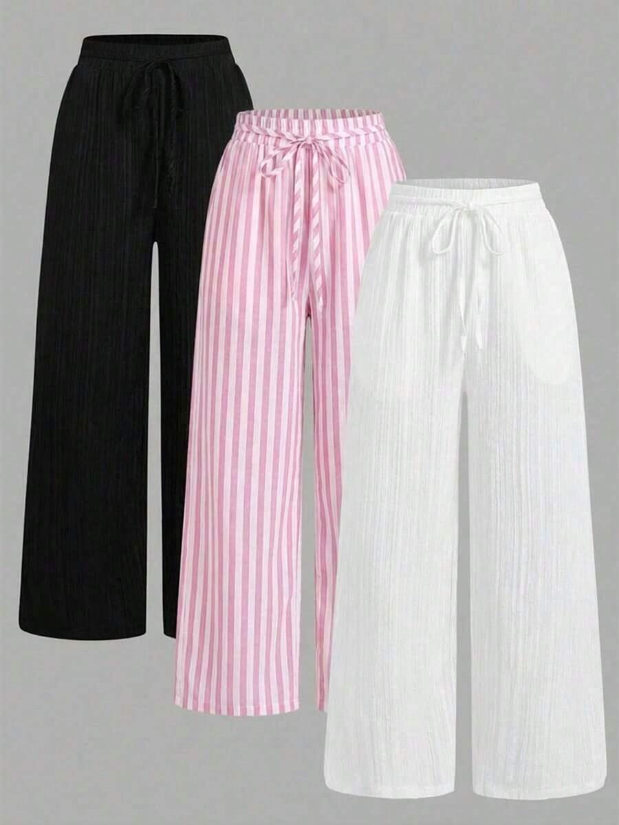 Set de 3 pantalones rectos sueltos de cintura alta con cordón y bolsillos, de unicolor y versátiles, adecuados para primavera/verano - Multicolor 4 - Ver 1