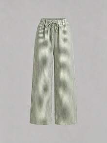 Set de 3 pantalones rectos sueltos de cintura alta con cordón y bolsillos, de unicolor y versátiles, adecuados para primavera/verano - Verde Oliva - Ver 5