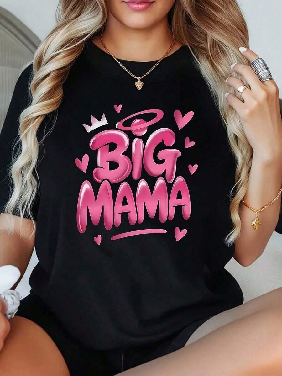 1 Piece BIG MAMA Women's Plus Size Short Sleeve Graphic Print T-Shirt, Oversized Novelty Style, 100% Cotton, Round Neck, Casual, 220g/180g. - 黑色 - 查看 1