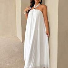 New Summer White Halter Loose A-Line Dress, Suitable For Beach, Party, Wedding, Valentine's Day, Cocktail, Sexy, Commute, Elegant Romantic, Birthday Party, Music Festival, White Dress With Metal Buckle/White Dress For Prom/Wedding Season/Valentine's Day/Party/Sexy/Commuting/Elegant And Romantic/Birthday Party/Music Festival/ - Blanco - Ver 6