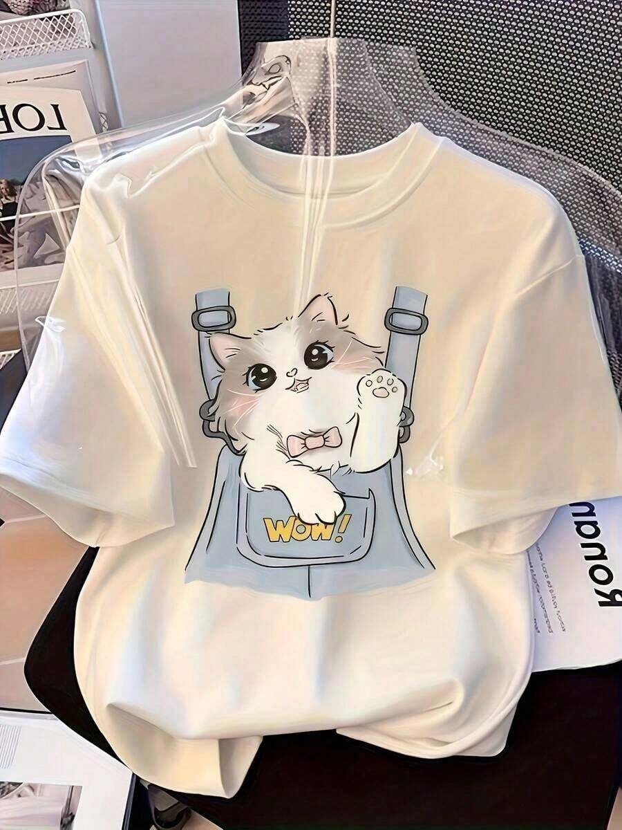 Esta es una elegante camiseta de manga corta para mujer con un bonito diseño de gato, perfecta para cualquier temporada.Está hecho de tela transpirable de alta calidad, cómoda y lavable a máquina, lo que lo hace ideal para uso casual. Transpirable y cómodo. - Blanco - Ver 1