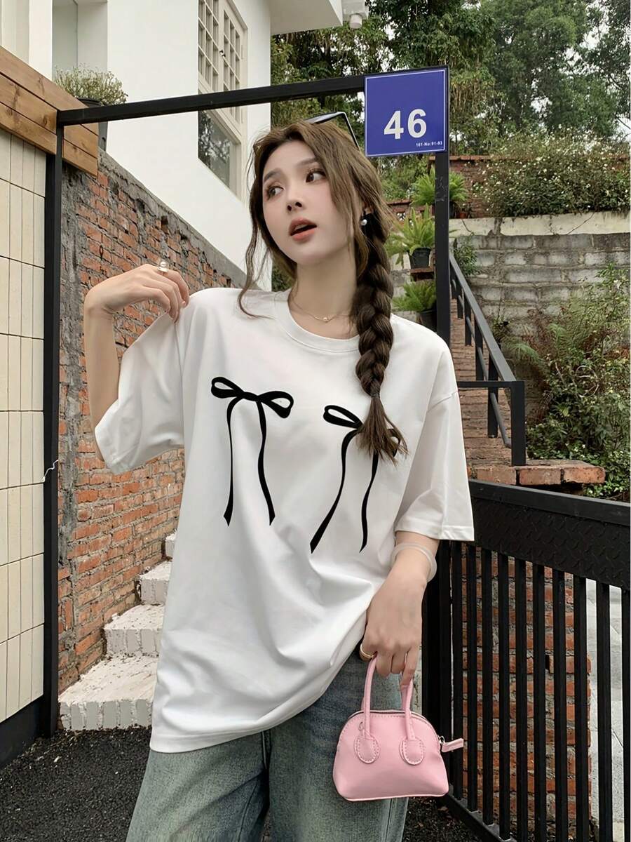 Popular Top de Verano para Mujer con Estampado de Lazo, Estilo Perezoso, Holgado, Camiseta de Manga Corta - Blanco - Ver 1
