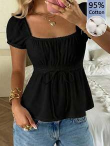 Camiseta casual de mujer con estampado de lunares y cintura con lazo en color amarillo - Negro - Ver 7