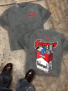 Racing Shirts Men, Summit Motorsport Plug Graphic, 230g Washed Cotton Crew Neck Short Sleeve-Shirt, Retro Car Culture, Streetwear, Big And Tall, Summer, VSLH - 灰色 - 查看 1