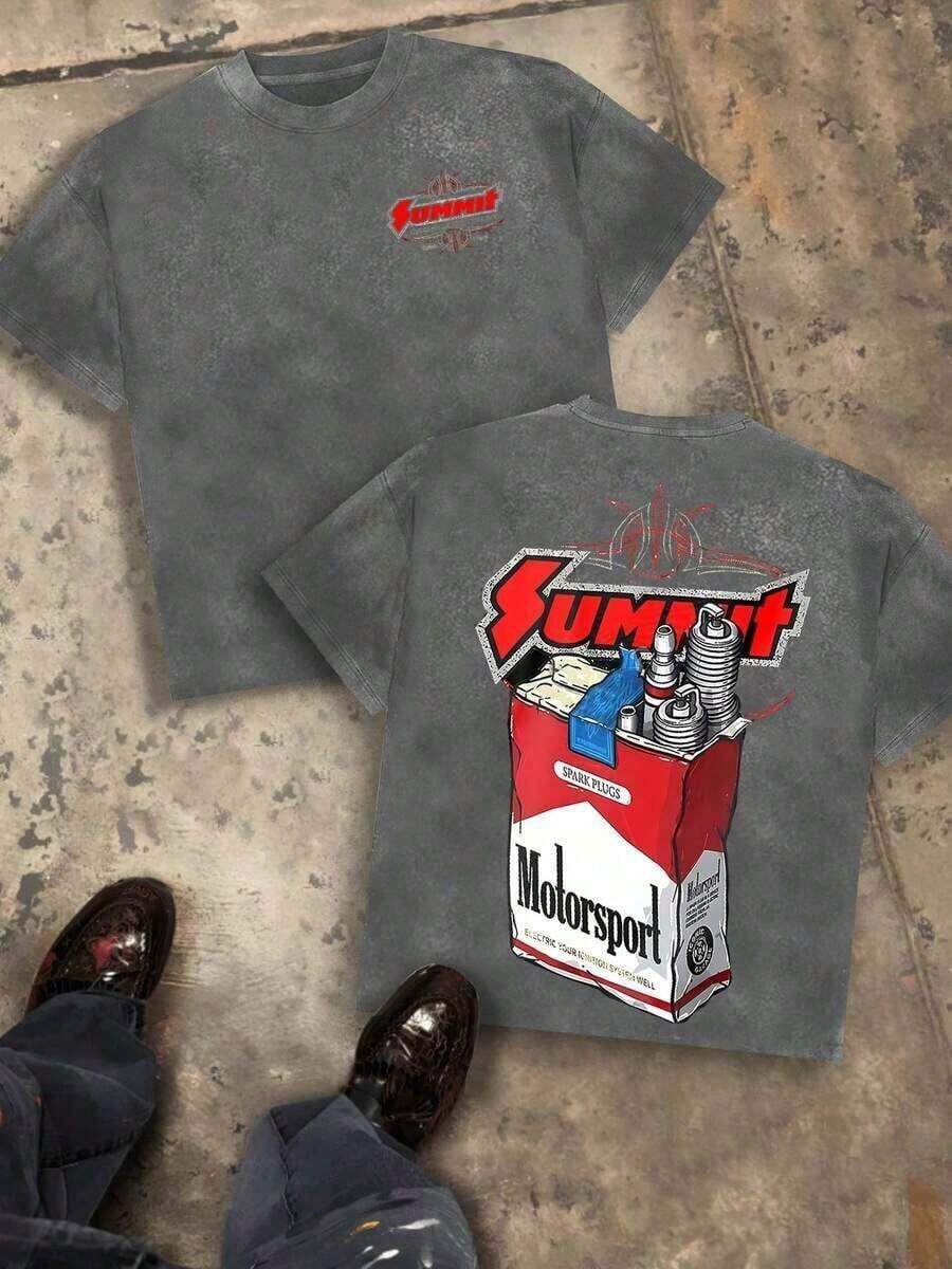 Racing Shirts Men, Summit Motorsport Plug Graphic, 230g Washed Cotton Crew Neck Short Sleeve-Shirt, Retro Car Culture, Streetwear, Big And Tall, Summer, VSLH - 灰色 - 查看 1
