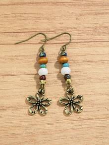 1 Pair Summer Bohemian Style Hollow Flower Pendant Picasso Bead Beaded Earrings, Suitable For Daily Commute And Vacation Wear - Multicolor - View 3