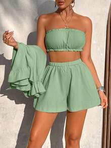 AIJ Amarilo Women Summer Vacation Solid Color Fabric Ruffle Trim Top + Camisole + Shorts 3-Piece Set, Minimalist Daily Outfit Spring Elegant - Pale Green - View 4