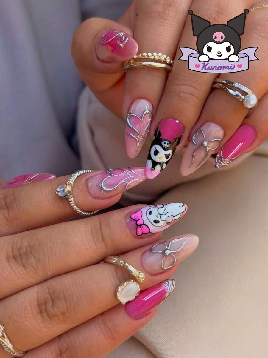 SANRIO 24片Y2K 3D凝胶杏仁形法式美甲贴纸,印有可爱的Hello Kitty、Kuromi和My Melody图案,搭配3D凝胶银色蝴蝶结和爱心装饰,粉色少女风,适用于亚克力美甲套装,包含1瓶胶水和1个指甲锉,适合女士日常派对使用。 - 彩色 - 查看 1