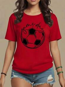 Soccer Ball Surrounded By The Phrase "Game Day" Symbolizing The Passion And Energy Of Game Days, Highlighting The Sporting Spirit And Female Motivation. Women's T-Shirt, 100% Cotton, Casual, Comfortable, Maija Women's Curvy. - 紅色 - 查看 9