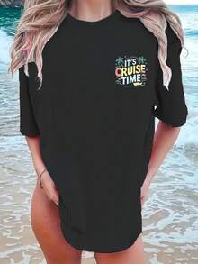 Women's Short-Sleeved T-Shirt With Round Neck, Front And Back Holiday Print, Casual Style For Spring/Summer, Comfortable And Versatile - 黑色 - 查看 2
