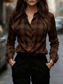 Camisa de poliéster a cuadros rojos esencial para mujer, manga larga regular, diseño con botones, estilo casual de otoño y primavera - Blanco - Ver 4
