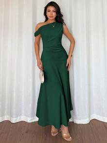 Elenzya Vestido elegante, de moda y lindo de estilo bohemio francés con volante asimétrico en el hombro y diseño entallado y acampanado en color verde macaron, adecuado para ocasiones de verano como vacaciones, graduación, Día de la Independencia, citas, vacaciones - Verde Oscuro - Ver 5