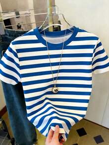 Camiseta de mujer de cuello redondo de manga corta con bloques de color y rayas - Multicolor 6 - Ver 4