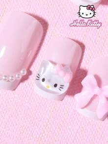 SANRIO 三麗鷗 Hello Kitty 24片方形可愛 3D 尖頭法式美甲貼片，飾有 Hello Kitty、愛心、珍珠和粉色蝴蝶結，粉色少女風，完美貼合壓克力假指甲組，含 1 瓶膠水和 1 個指甲銼刀，適合女性或女孩日常派對使用 - 彩色 - 查看 3