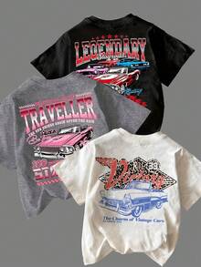 Camiseta de mujer de una pieza, estilo casual retro con estampado de coches, cuello redondo, manga corta, corte corto y ajustado, moda de verano, adecuada para todas las estaciones. - Blanco - Ver 1