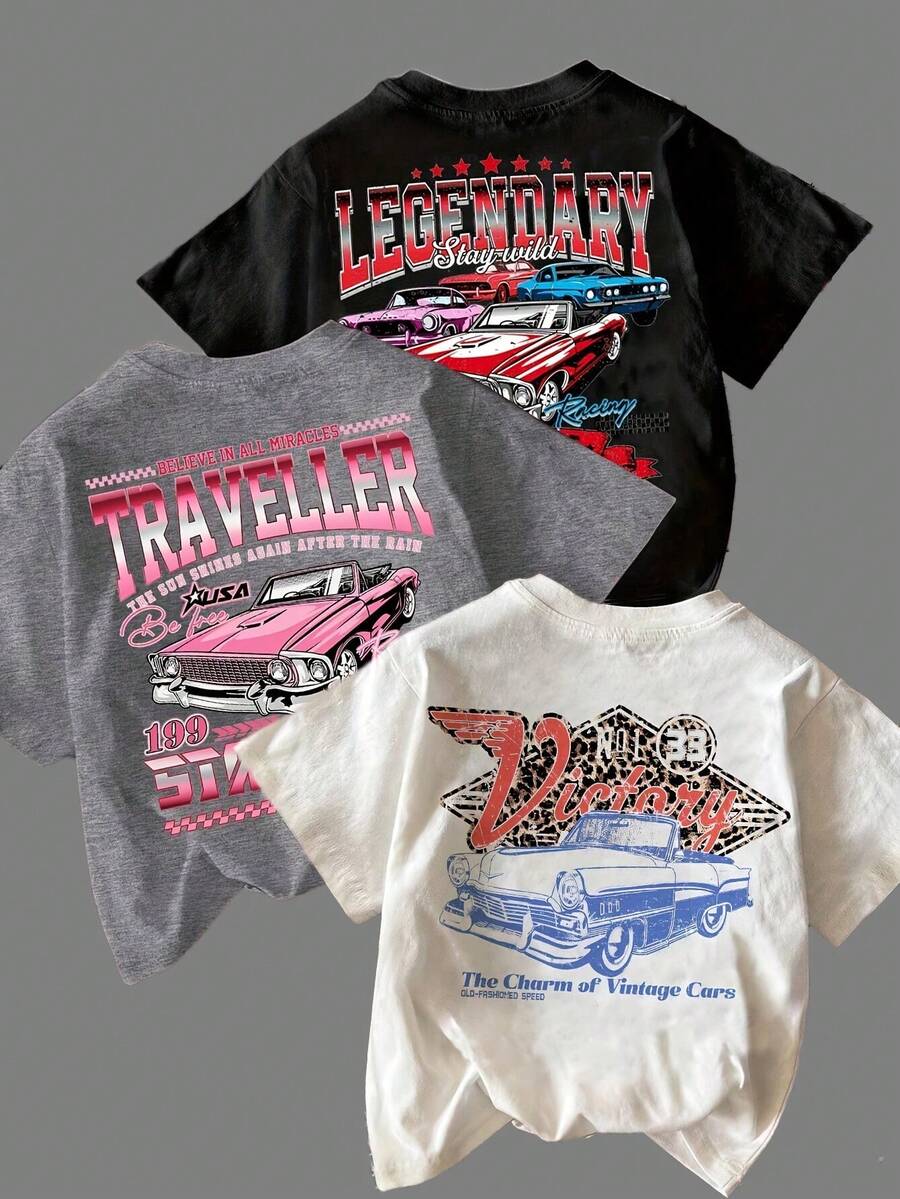 Camiseta de mujer de una pieza, estilo casual retro con estampado de coches, cuello redondo, manga corta, corte corto y ajustado, moda de verano, adecuada para todas las estaciones. - Blanco - Ver 1
