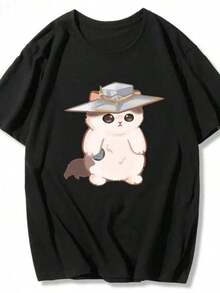 Camisetas de Mujer Harajuku de Manga Corta, Estampadas con Gato y Pingüino Sorprendido, Cuello Redondo, Estilo Casual de Verano, Y2k - Blanco - Ver 6