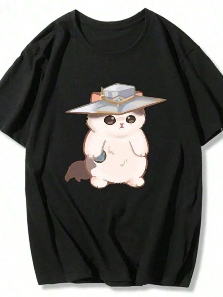 Camisetas de Mujer Harajuku de Manga Corta, Estampadas con Gato y Pingüino Sorprendido, Cuello Redondo, Estilo Casual de Verano, Y2k - Negro - Ver 1