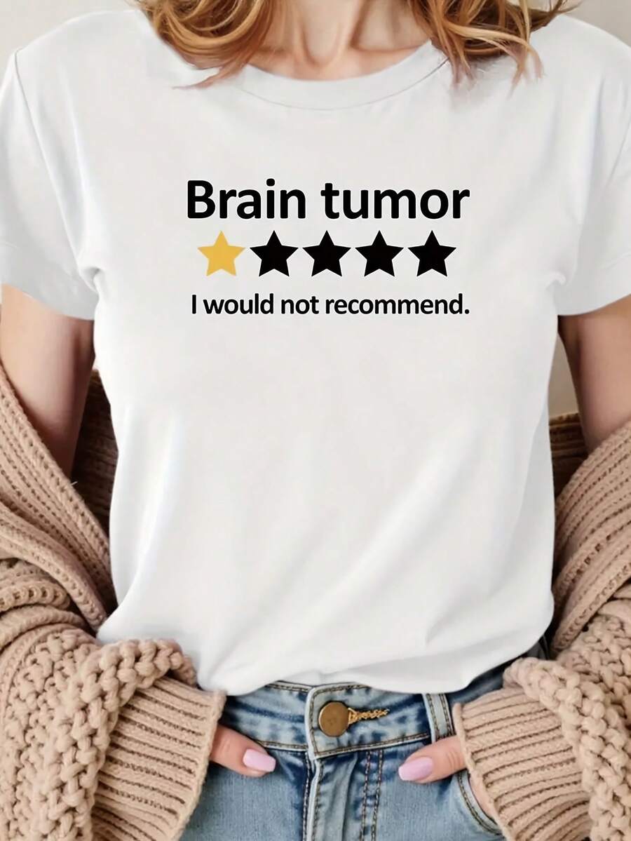 Women's Brain Tumor Awareness Graphic Tee - Featuring The Slogan "I Wouldn't Recommend It" And A 5-Star Design, Casual Black Short-Sleeve Crew Neck Tee, Semi-Sheer Machine-Washable Top For Casual Wear, Relaxed Fit Shirt, Bold Text Design, Breathable Material, Statement Tee, Humorous Clothing, Y2k Tee. - 白色 - 查看 1