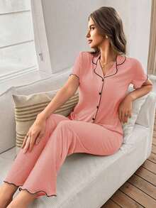 Mono de verano de punto ligero y suelto con volantes, de tela roja, de estilo casual y holgado para mujer - Rosa - Ver 4
