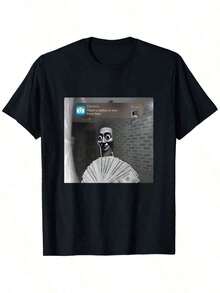 Camiseta estampada de algodón, talla grande, ropa para hombre, camiseta gráfica con meme divertido "Tung Tung Tung Sahur Motion At Your Front Door" - Camiseta negra de corte holgado y casual con diseño humorístico de dinero y pared de ladrillos para cosplay festivo y atuendo casual, ropa cómoda, tela no transparente, estilo Y2K, camiseta oversize para hombre, tallas S-5XL, tops de verano. - Negro - Ver 6