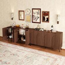 Sideboard In Mid-Century Design, Hallway Cabinet In Walnut Wood Look With 3D Grooves & Arched Doors, Engineered Wood, Adjustable Shelves, Gold-Colored Metal Feet - 棕色 - 查看 7