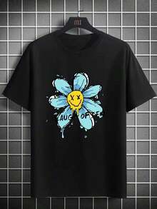Camiseta de manga corta para hombre, informal, moderna y elegante, con estampado sencillo - Estampado de cara sonriente y flores en amarillo, estilo único y divertido. Diseño estampado, cómodo y transpirable, camiseta deportiva casual de cuello redondo fácil de combinar, hecha de mezcla de poliéster, adecuada para todas las estaciones, disponible en múltiples colores y tallas, perfecta para reuniones navideñas, salidas familiares y uso casual diario, resaltando tu encanto y confianza en la moda, ¡un artículo imprescindible! Cómodo, Holgado - Negro - Ver 7
