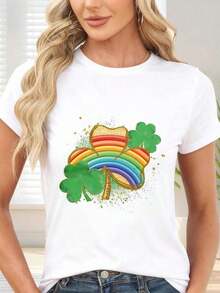 Gift Black Short Sleeve T-Shirt With Rainbow, Shamrock And St. Patrick's Treasure Print - Ideal For St. Patrick's Day Parties And Casual Occasions. Suitable For Everyday, Casual Situations And Versatile To Combine. Soft - 白色的 - 查看 7