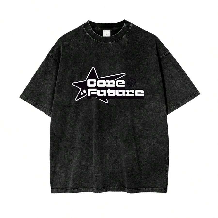 1 Piece Unisex Oversized Crew Neck Short Sleeve T-Shirt, Distressed And Washed, 100% Heavyweight 220g Cotton, Designed By Y2K Artists In A Vintage American Style, Graphic Print Of City Names, Ideal For Everyday Wear, Concerts And Festivals - 黑色 - 查看 1