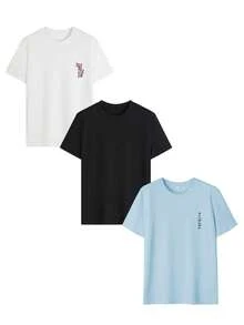 3pcs/Set Summer New Fashion Sakura Landscape Printed Combination, Casual Round Neck Short Sleeve T-Shirt, Versatile Tops For Women - White and Black and Light Blue - View 3