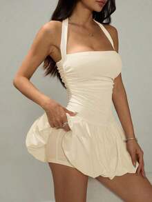 Vestido informal corto de unicolor con cuello de lazo y espalda descubierta para mujer - Amarillo claro - Ver 9