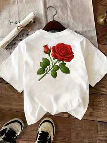 Women's Short Sleeve Blouse With White Rose Print - Elegant Red Rose And Green Leaf Print On The Back, Round Neck, Casual To Semi-Formal Style, Breathable And Comfortable For Spring, Summer And Autumn, Machine Washable (Pink/Red Floral Design) - Versatile Essential Garment To Match With Other Garments, With Floral Print On The Front And Back, Medium Stretch Fabric, Relaxed Fit, Suitable For Spring/Summer/Autumn Seasons, Y2k Style T-Shirt. - 黑色 - 查看 2