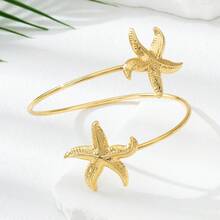 Elegant 3D Gold Flower & Butterfly Openable Bangle Bracelet, Adjustable Starfish & Faux Pearl Armlet - Starfish - View 3