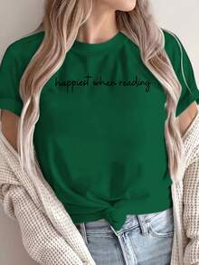 Soft 100% Cotton Women's Short-Sleeved Crew Neck T-Shirt With A Floral Print And English Lettering On The Chest. Breathable And Machine-Washable Fabric, Suitable For All Seasons. Not Suitable For Layering Under Blouses. Ideal For Casual Wear, Layering, And Basic Outfits. Breathable Cotton T-Shirt That Goes With Everything. - 綠色 - 查看 2