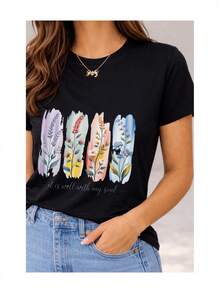 Soft 100% Cotton Short-Sleeved T-Shirt For Women With Watercolor Floral Print And English Phrase, Casual Spiritual Botanical Artistic Design, Breathable Cotton T-Shirt, Goes With Everything, Great. - 黑色 - 查看 2
