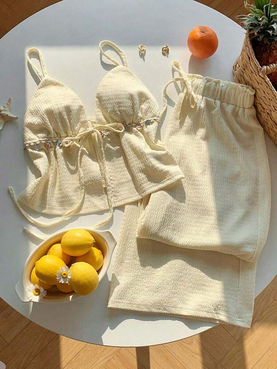 casual de 2 piezas de mujer con rayas tejidas, para primavera/verano - Blanco - Ver 1