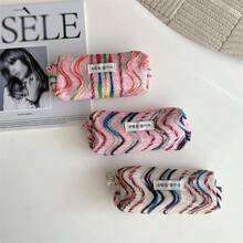 1pc Cute Wavy Pattern Pencil Pouch, Colorful Embroidered Soft Fabric Pen Case With Korean Label, Lightweight Zippered Storage Bag For School Supplies, Cosmetics, Small Essentials, Perfect For Students & Daily Use, Back To School - Pencil Case - View 1