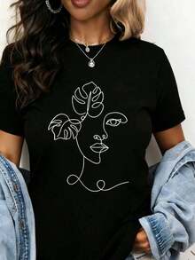Black Short-Sleeved T-Shirt With Abstract Face And Monstera Leaf Design, Fashionable Casual Top For Women, Minimalist Artistic Print, Round Neck, Short-Sleeved T-Shirt For Everyday Wear, Summer Style Piece. - 黑色 - 查看 1