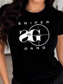 Graphic Symbol With Large White Letters Evoking Strength And Precision Within A Sight, Representing Determination And Confidence. Modern Women's T-Shirt, Comfortable For Everyday Wear And Urban Style. - Black - View 1
