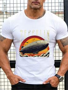 Camiseta de manga corta para hombre con estampado de dirigible vintage, estilo rock, refrescante, transpirable, para uso diario. - Blanco - Ver 8
