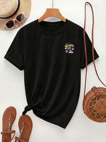 [Estampado de doble cara delantero y trasero] Ropa de verano para mujer, Palmera Hibisco illa de playa Estampado casual inglés Camiseta de manga corta con cuello redondo, Top de mujer, Top casual elegante de mujerTraje de playa para damas / Chica veraniega / Estilo vacacional con plantas tropicales verdes / Paseo por la playa, edición limitada de verano / Versión fresca y cómoda para viajes de verano - Negro - Ver 4