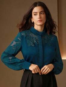 Blusa de mujer de manga larga con patchwork de encaje francés elegante - Agua verde azul - Ver 4