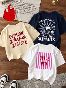 1 pieza/Set de camisetas de manga corta holgadas con estampado de temática oceánica para mujer, tops transpirables con las frases "The Sea Is Calling", "Don't Be Angry" y "Salty Soul", adecuadas para vacaciones de verano, fiestas en la playa, uso diario, perfectas para el clima cálido y reuniones informales de chicas. - Blanco - Ver 5