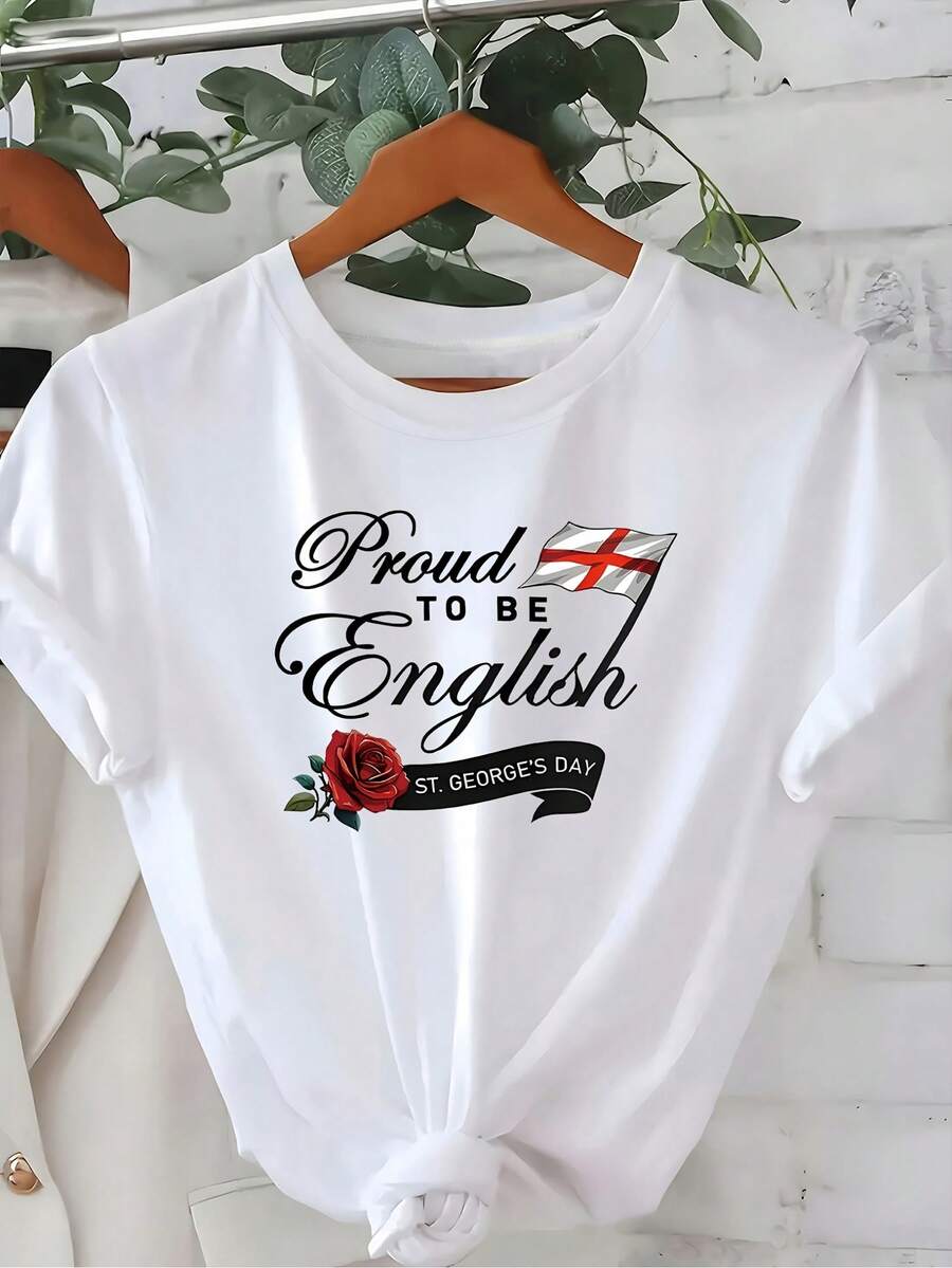 1 camiseta "Orgulloso de ser inglés" - Blanca con diseño de rosa y bandera Union Jack, texto "Día de San Jorge", regalo casual para todas las estaciones para mujeres, moda diaria, camiseta de uso cotidiano.| Diseño Patriótico| Tela Resistente, Camiseta con Bandera Inglesa Y2k - Blanco - Ver 1