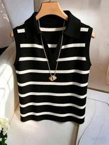 Chaleco de punto casual y elegante con cuello y rayas para mujer - Negro - Ver 4