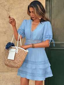 Clasi Vestido mini de manga abullonada con ribete de encaje de unicolor para mujer, para verano - Celeste - Ver 7