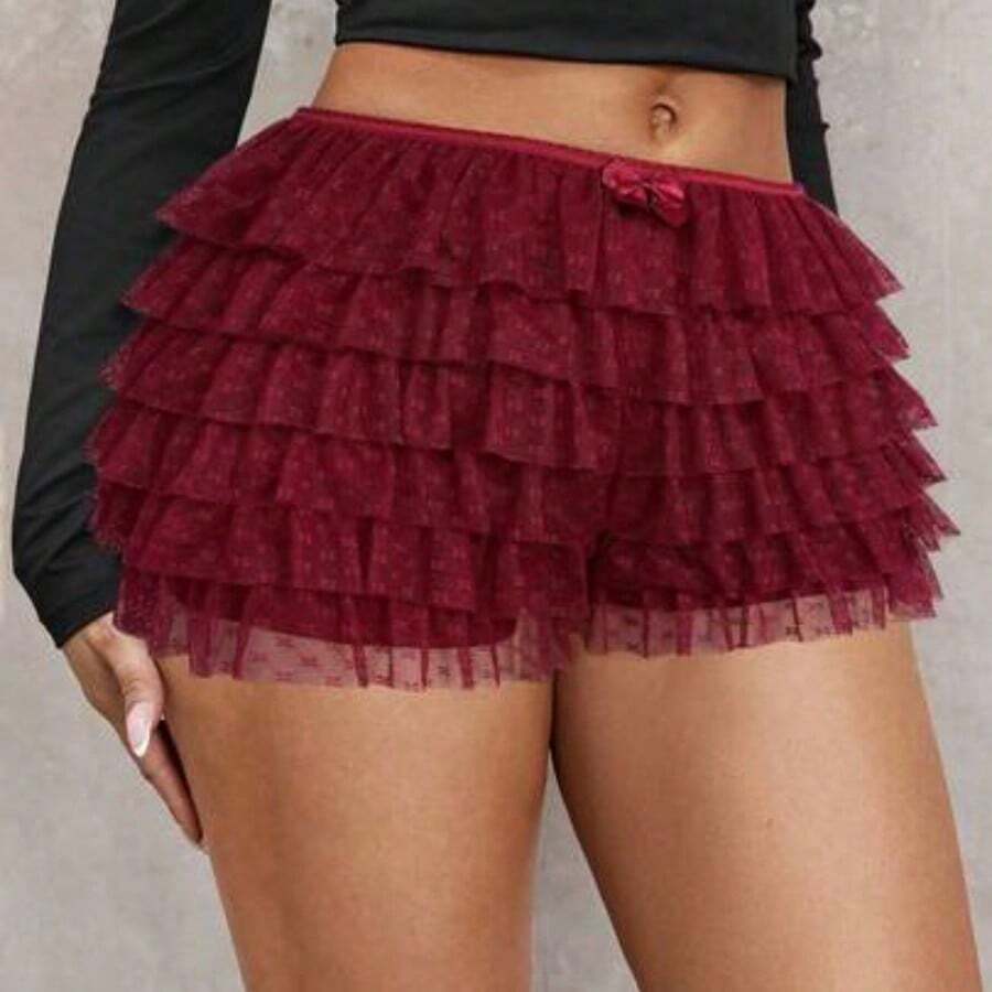Plus Size Women's Fashion Sexy Street Teen Girls Polka Dot Lace Ruffle Trim Low Waist Mini Shorts, Ballet Style, Suitable For Everyday Wear, Western Wear, Cruise Attire, Music Festival, Concert, Carnival Party, Beach Vacation, Date Night, Birthday, Bachelorette Party, Club, Cute, Casual, Shopping, Streetwear, Going Out, Easy To Match & Looks Slim, Accent Your Body, Flatter The Figure Mini Short Micro Short - Burdeos - Ver 1