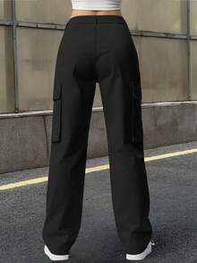 Casual Solid Color Minimalist Straight Leg Cargo Pants Black Spring - Black - View 5